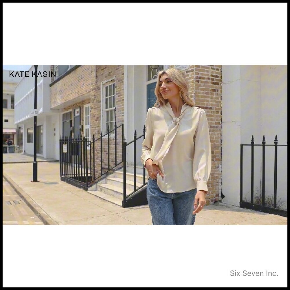 Elegant Bow Tie Blouse Long Sleeve Work Shirt Professional Chic Office Wear - Picture 8 of 8